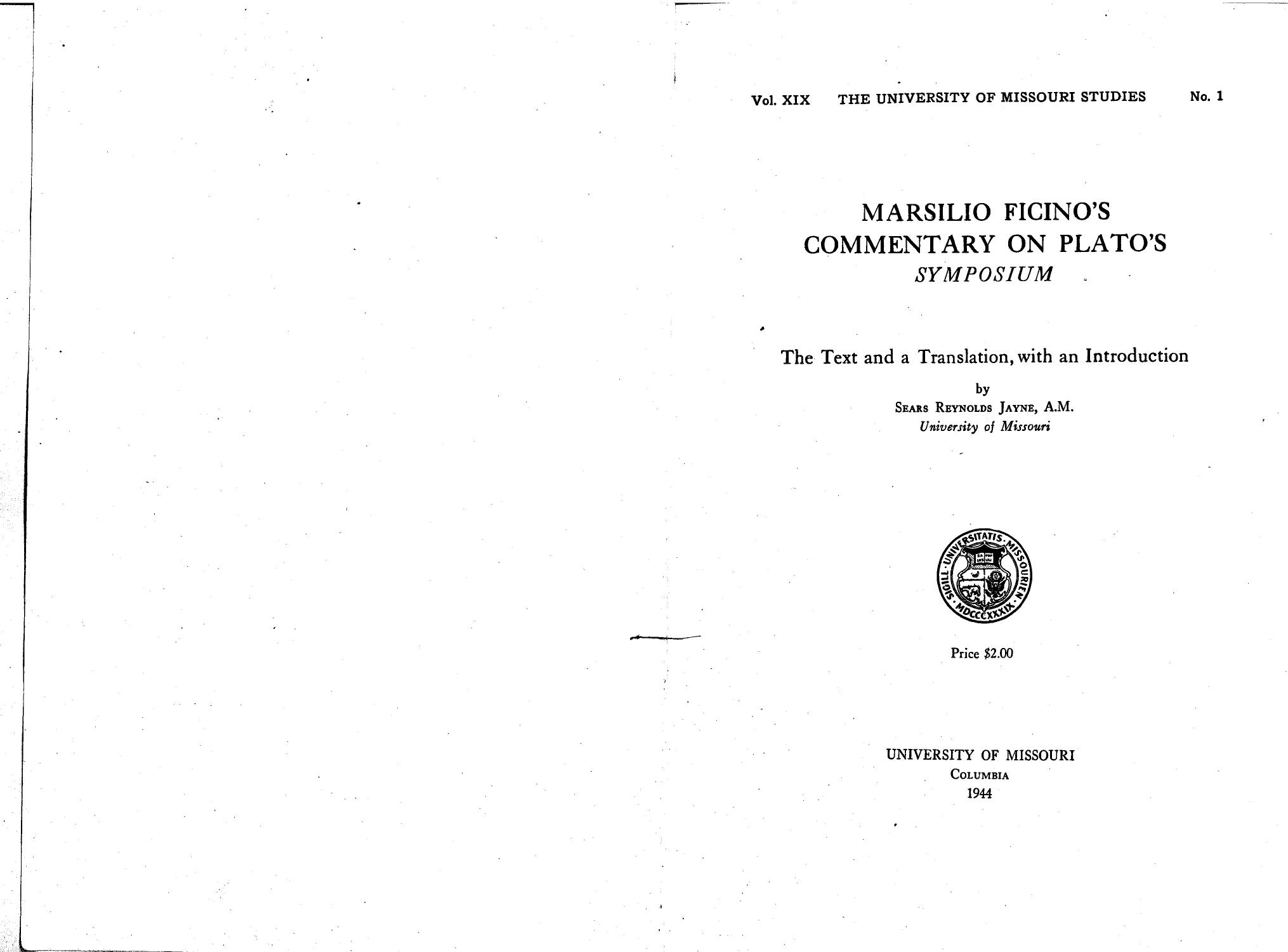 Marsilio Ficino's Commentary on Plato's Symposium by Sears Reynolds Jayne