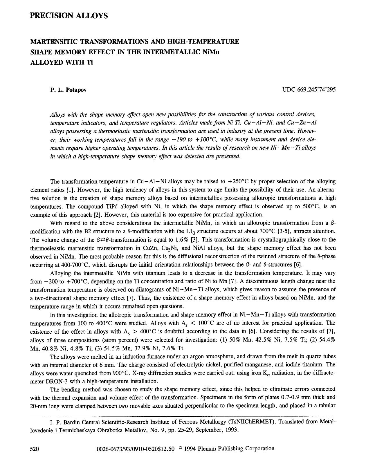 Martensitic transformations and high-temperature shape memory effect in the intermetallic NiMn alloyed with Ti by Unknown