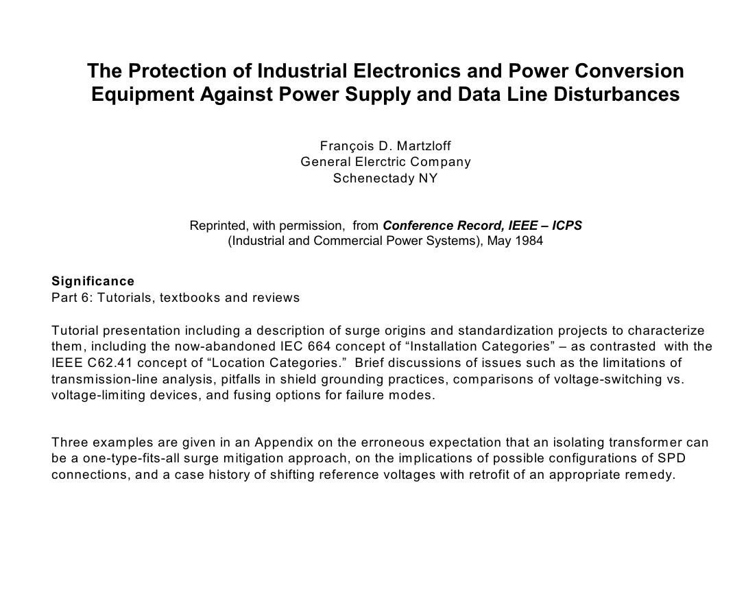 Martzloff F.D.The protection of industrial electronics and power conversion equipment against power supply and data line di by François Martzloff