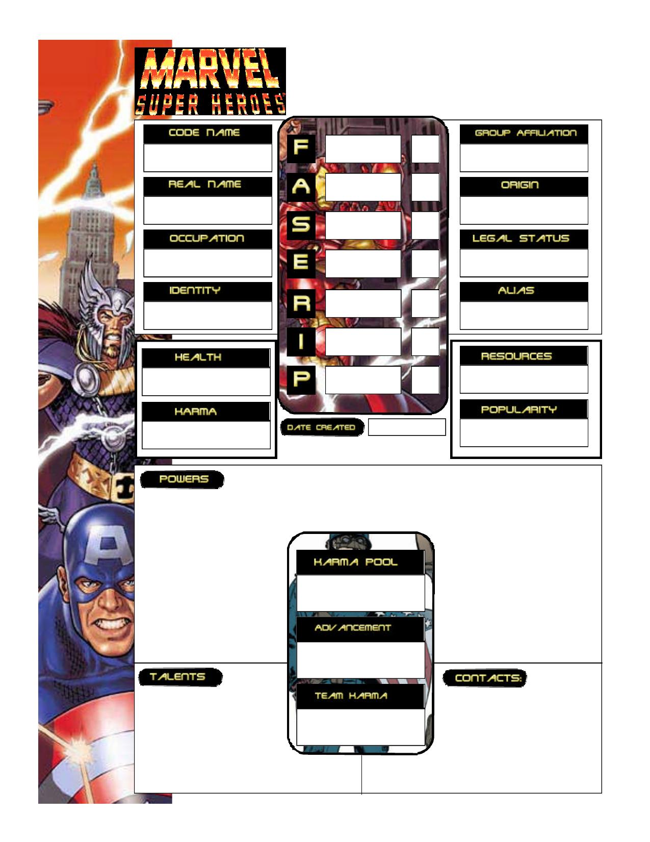 Marvel Supers Basic Sheet by Mark Geary
