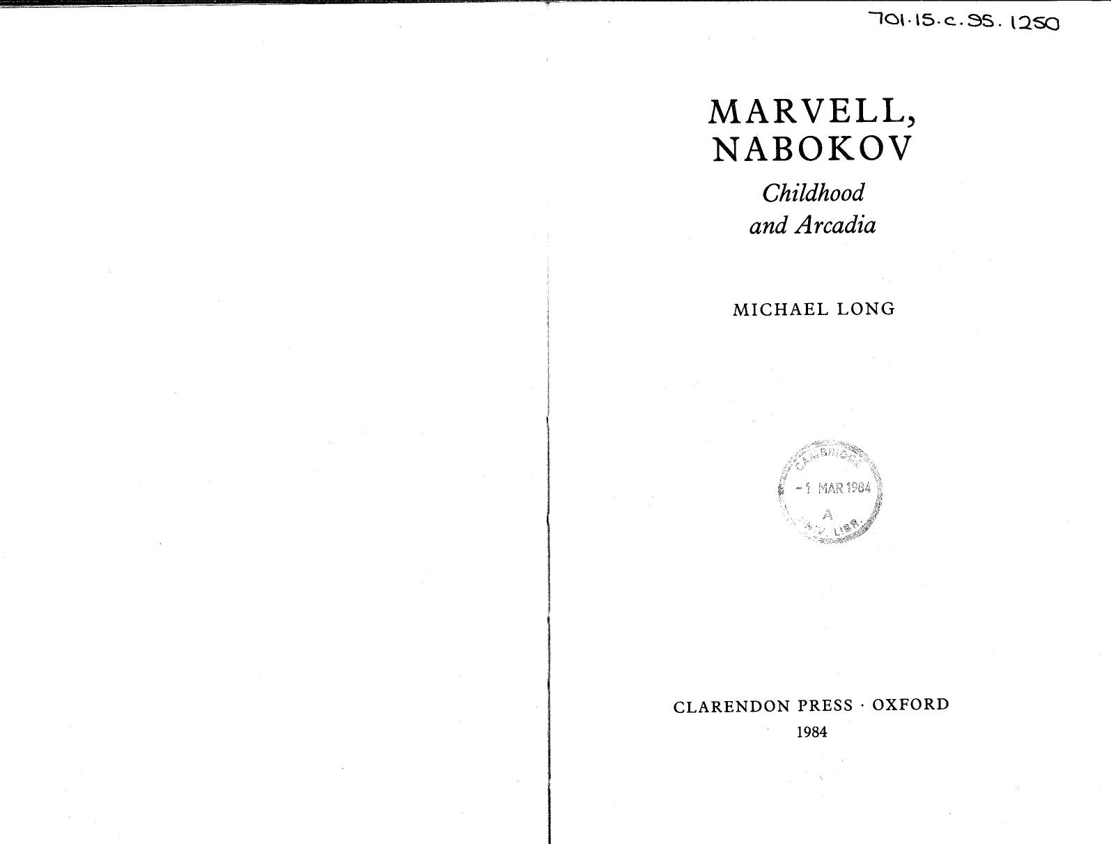 Marvell, Nabokov- Childhood and Arcadia- Michael Long by Unknown