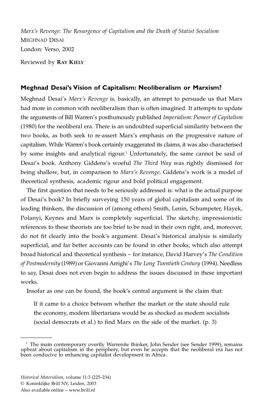 Marx's Revenge: The Resurgence of Capitalism and the Death of Statist Socialism MEGHNAD DESAI by Marx's Revenge. The Resurgence of Capitalism & the Death of Statist Socialism MEGHNAD DESAI