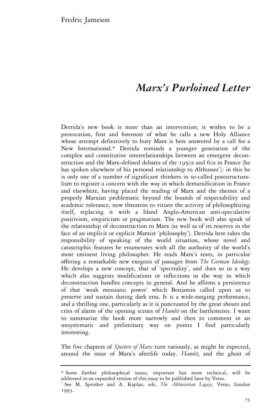 Marxâs Purloined Letter by Fredric Jameson