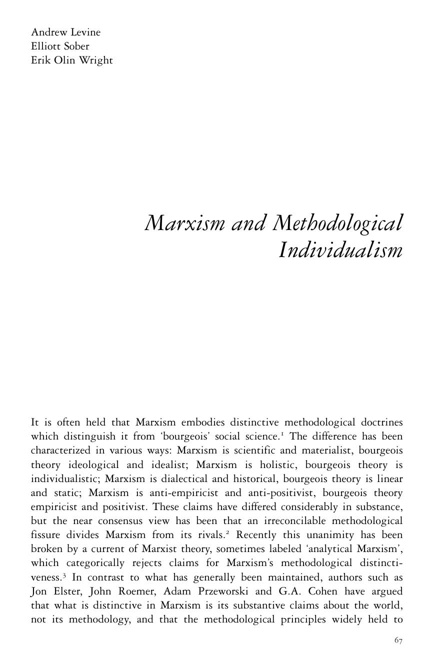 Marxism and Methodological Individualism by Andrew Levine Elliott Sober & Erik Olin Wright