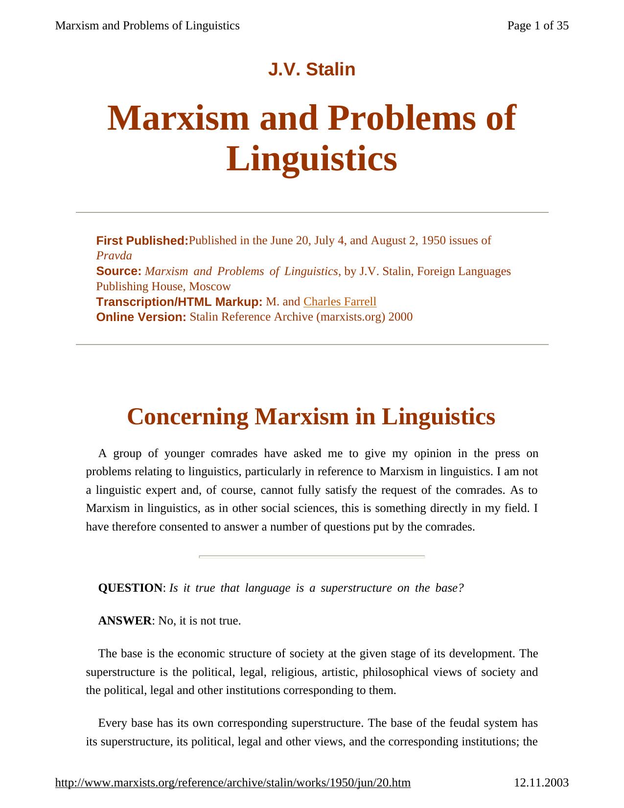 Marxism and Problems of Linguistics by Stalin J.V