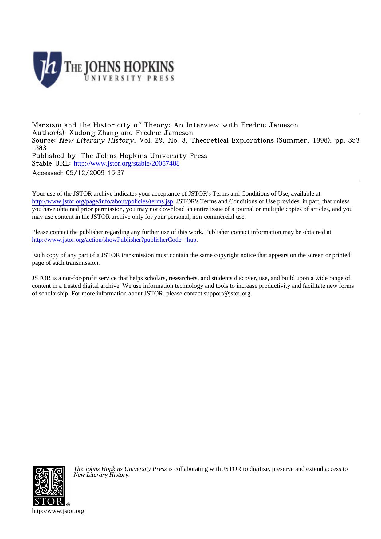 Marxism and the Historicity of Theory: An Interview with Fredric Jameson by An Interview & Fredric Jameson