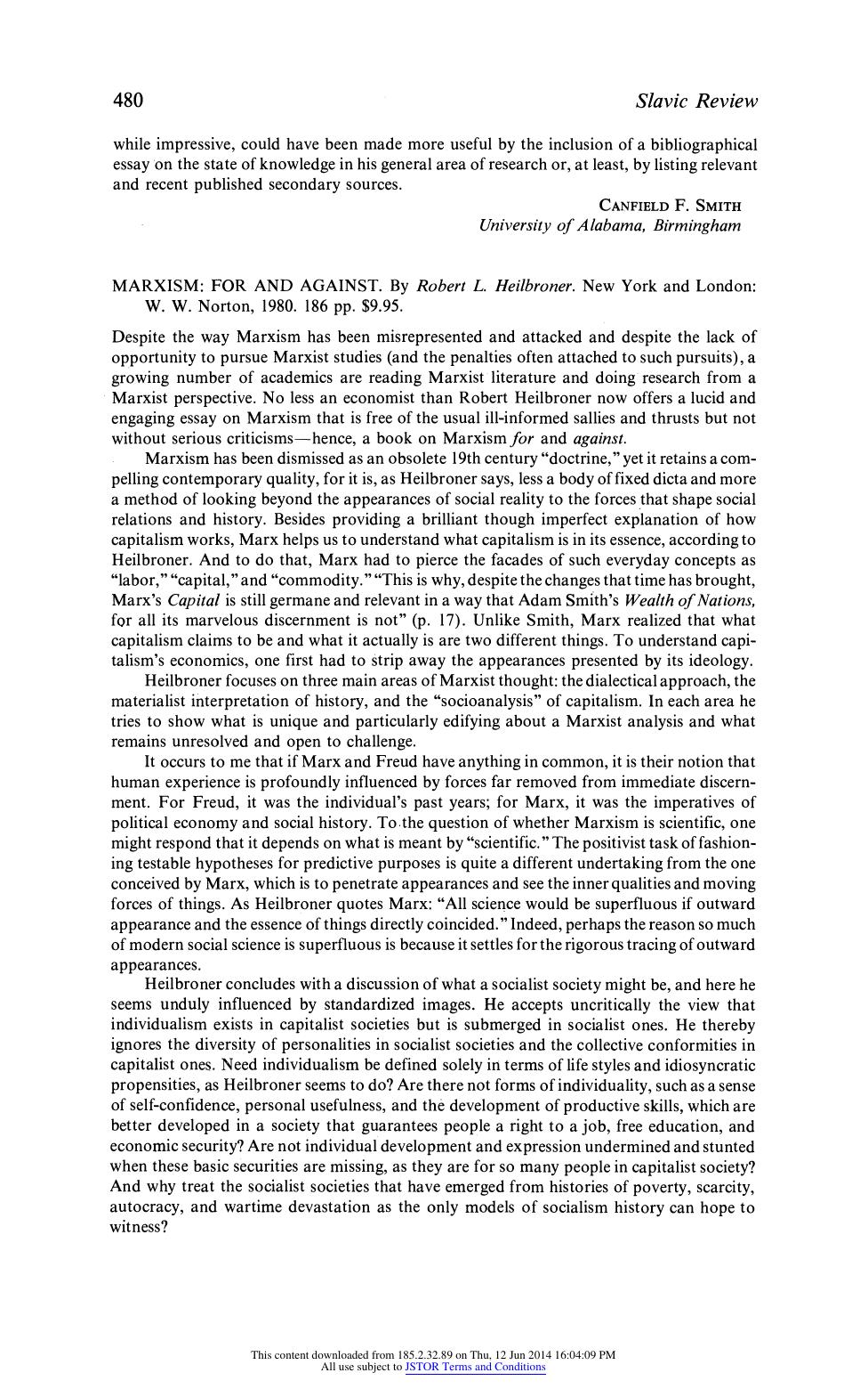 Marxism: For and against. by Robert L. Heilbroner by Unknown