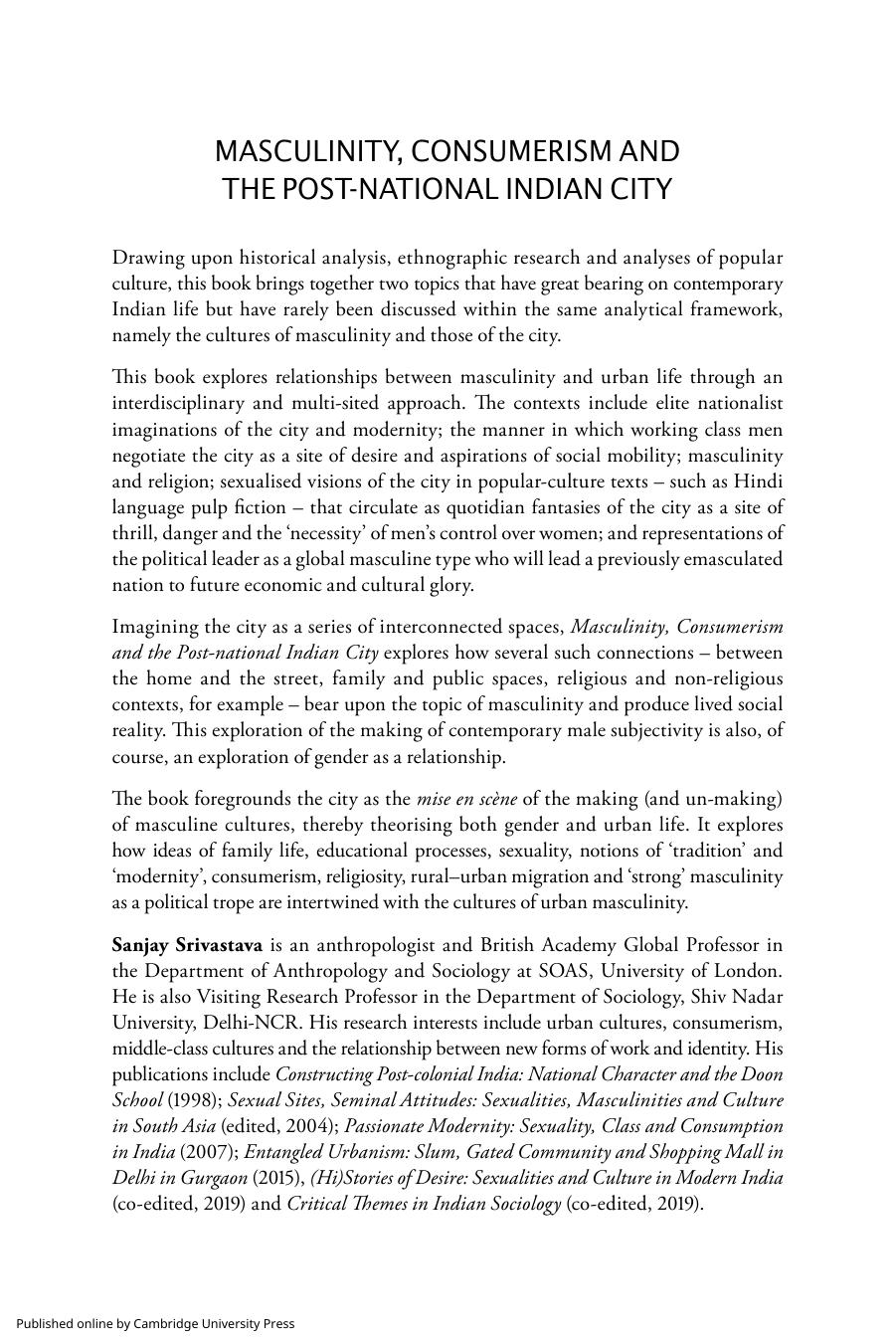 Masculinity, Consumerism and the Post-National Indian City: Streets, Neighbourhoods, Home by Sanjay Srivastava
