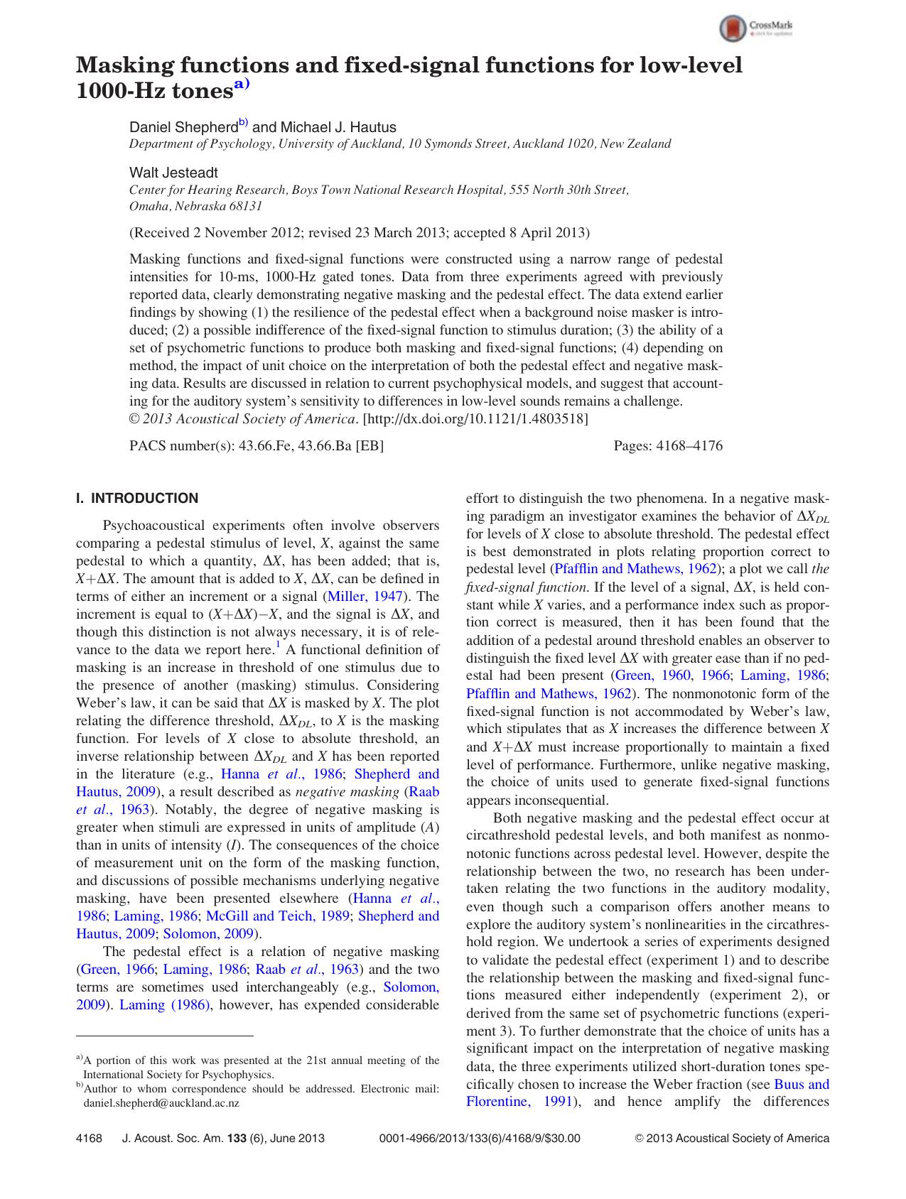 Masking functions and fixed-signal functions for low-level 1000-Hz tonesa) by Daniel Shepherdb) Michael J. Hautus and Walt Jesteadt