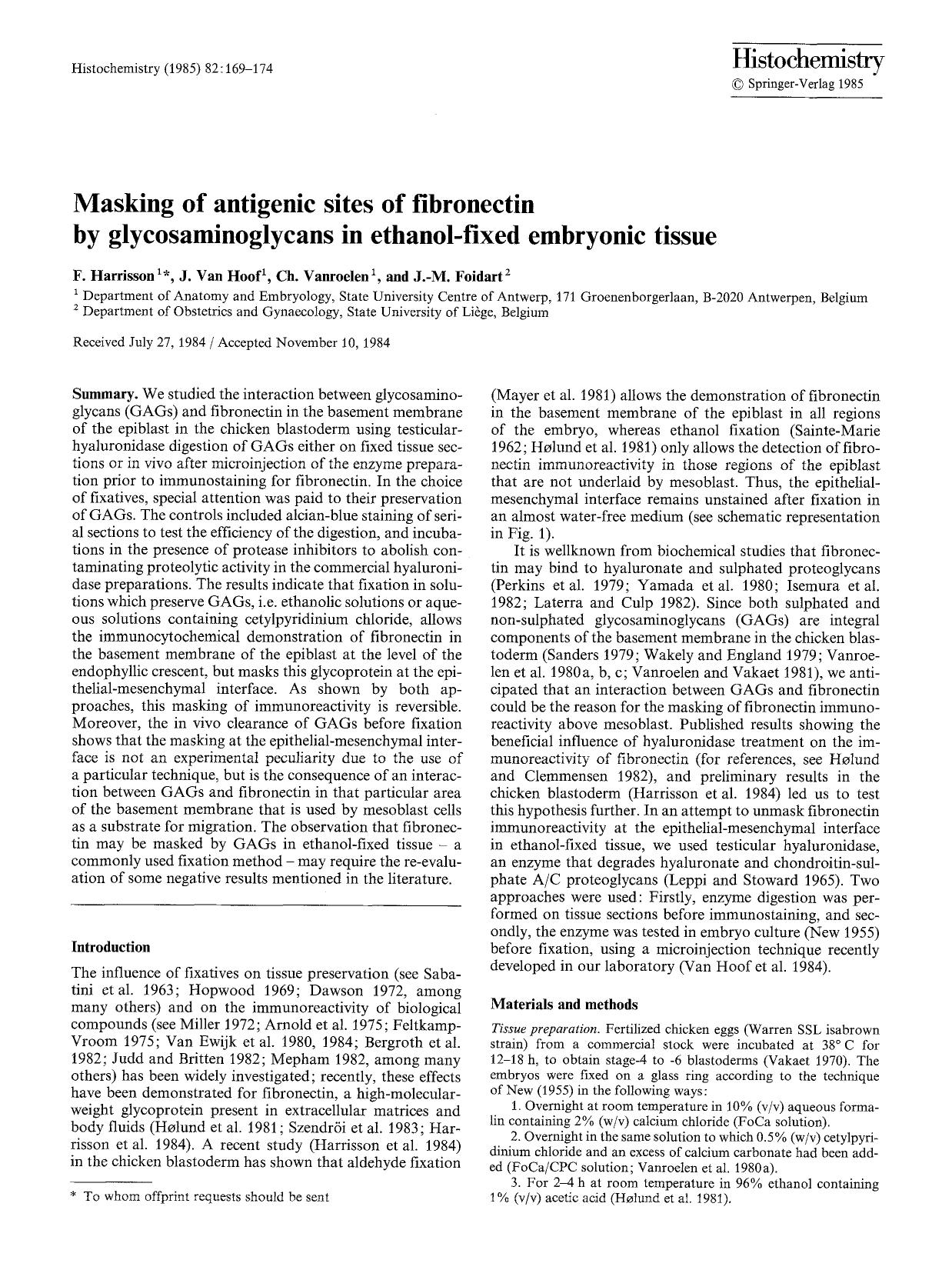 Masking of antigenic sites of fibronectin by glycosaminoglycans in ethanol-fixed embryonic tissue by Unknown