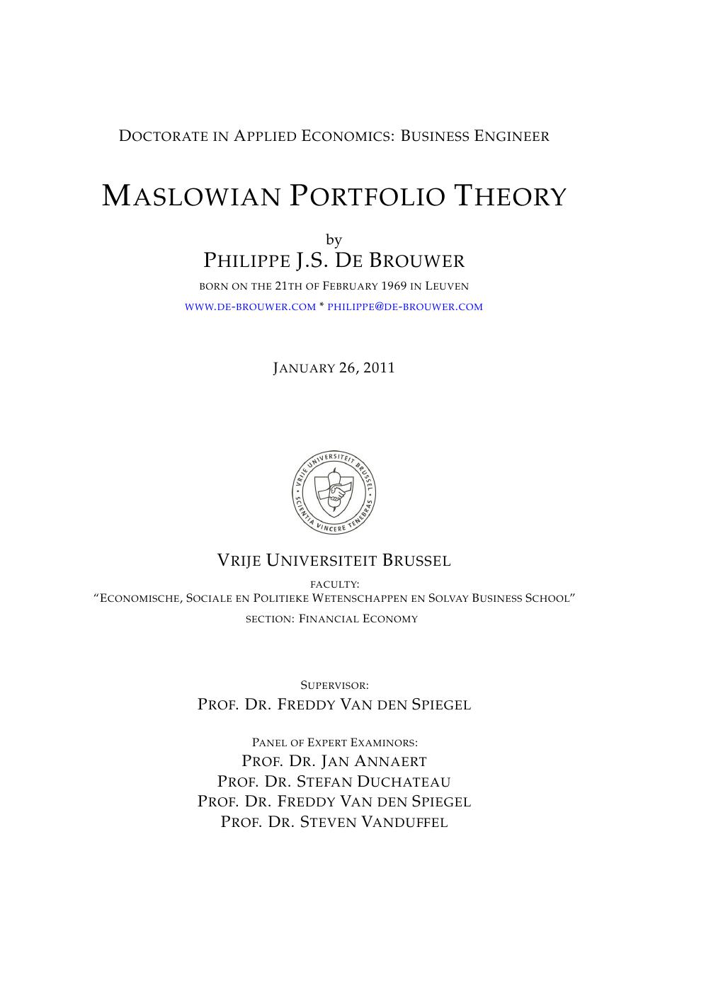 Maslowian Portfolio Theory : A Coherent Approach to Strategic Asset Allocation by Philippe De Brouwer