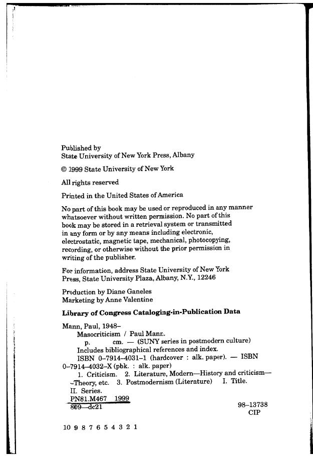 Masocriticism (S U N Y Series in Postmodern Culture) by Paul Mann