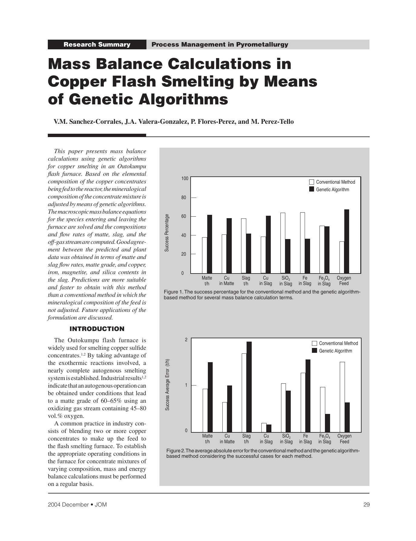 Mass Balance Calculations in Copper Flash Smelting by Means of Genetic Algorithms by V.M. Sanchez-Corrales J.A. Valera-Gonzalez P. Flores-Perez and M. Perez-Tello