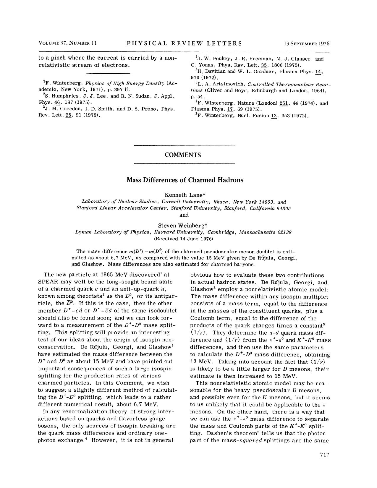 Mass Differences of Charmed Hadrons (1976) by Unknown