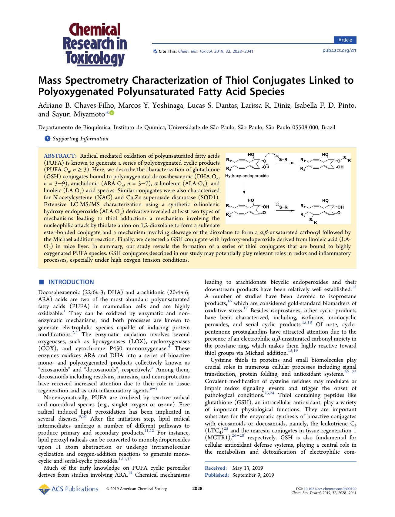 Mass Spectrometry Characterization of Thiol Conjugates Linked to Polyoxygenated Polyunsaturated Fatty Acid Species by unknow