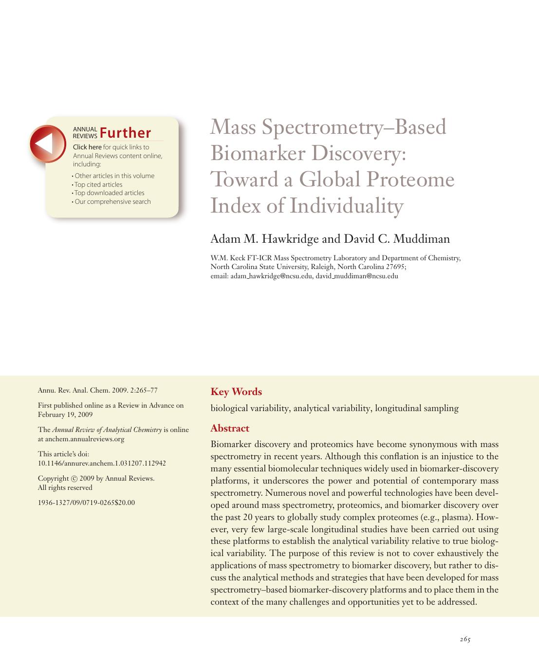 Mass SpectrometryâBased Biomarker Discovery: Toward a Global Proteome Index of Individuality by Adam M. Hawkridge and David C. Muddiman