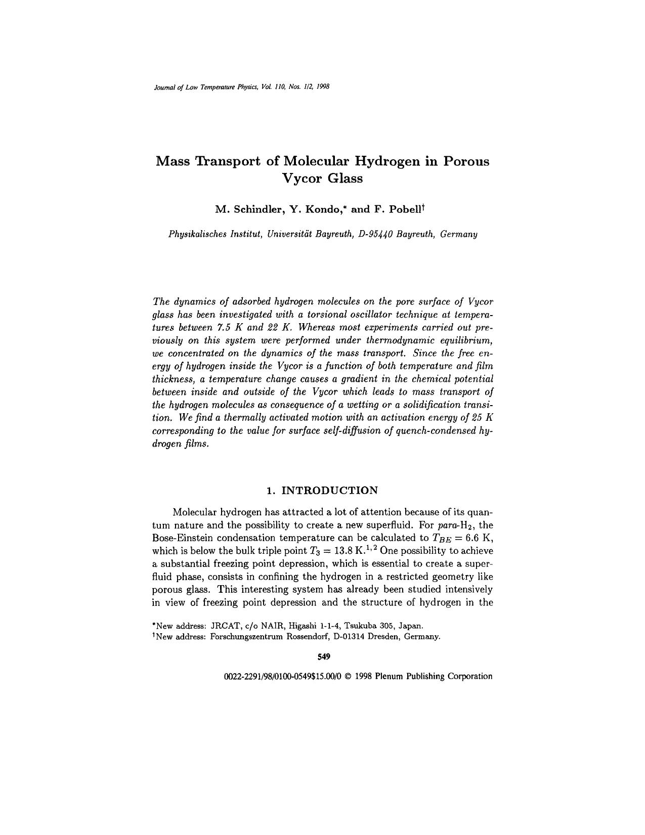 Mass Transport of Molecular Hydrogen in Porous Vycor Glass by Unknown