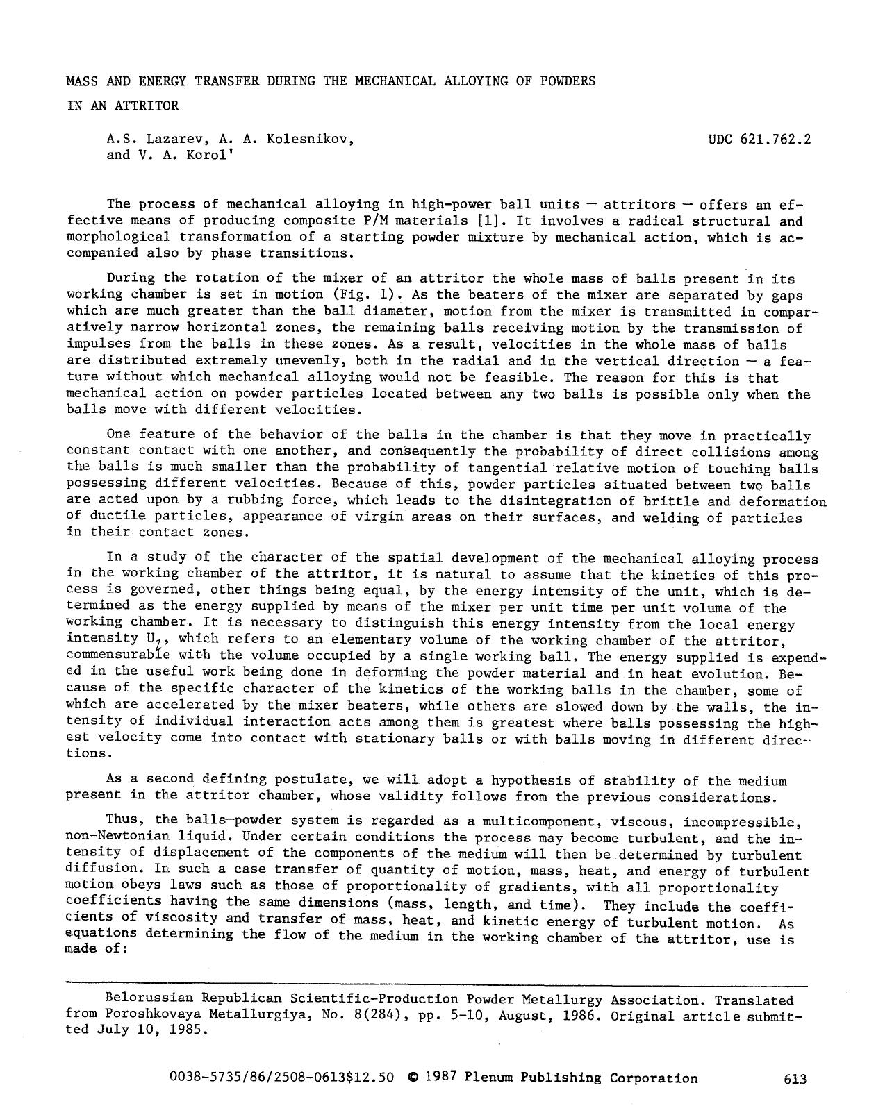 Mass and energy transfer during the mechanical alloying of powders in an attritor by Unknown