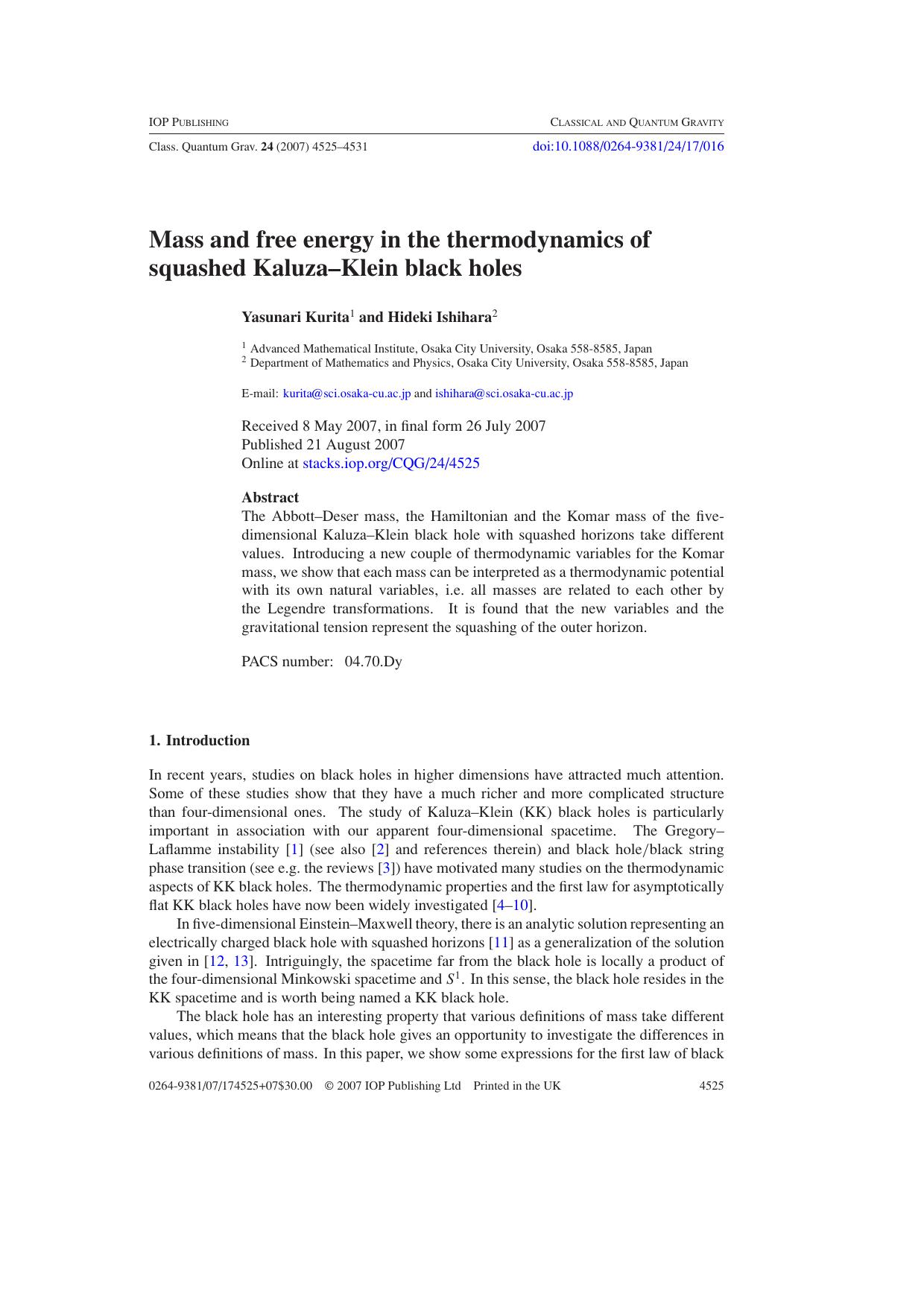 Mass and free energy in the thermodynamics of squashed Kaluza--Klein black holes by Y Kurita & H Ishihara