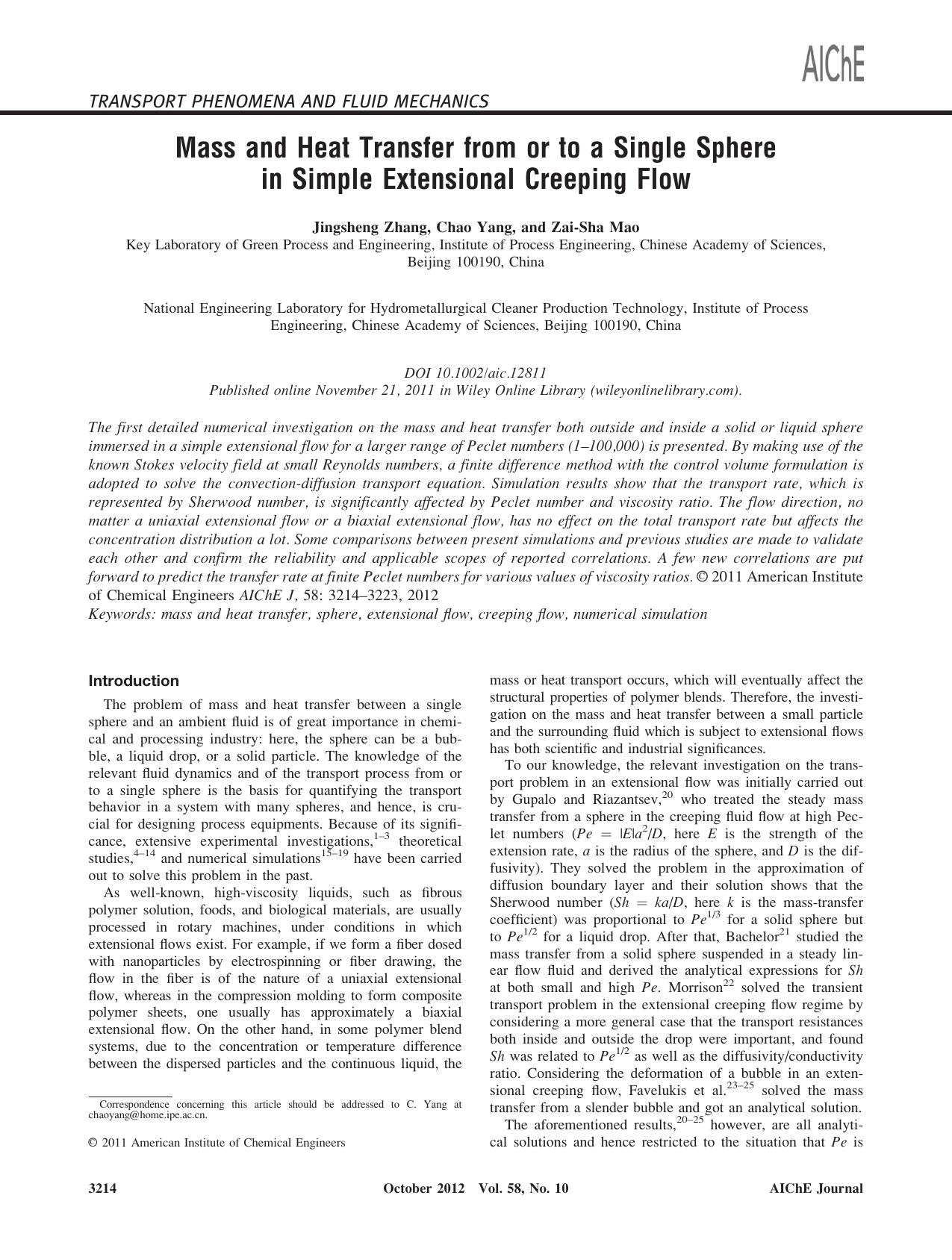 Mass and heat transfer from or to a single sphere in simple extensional creeping flow by Unknown
