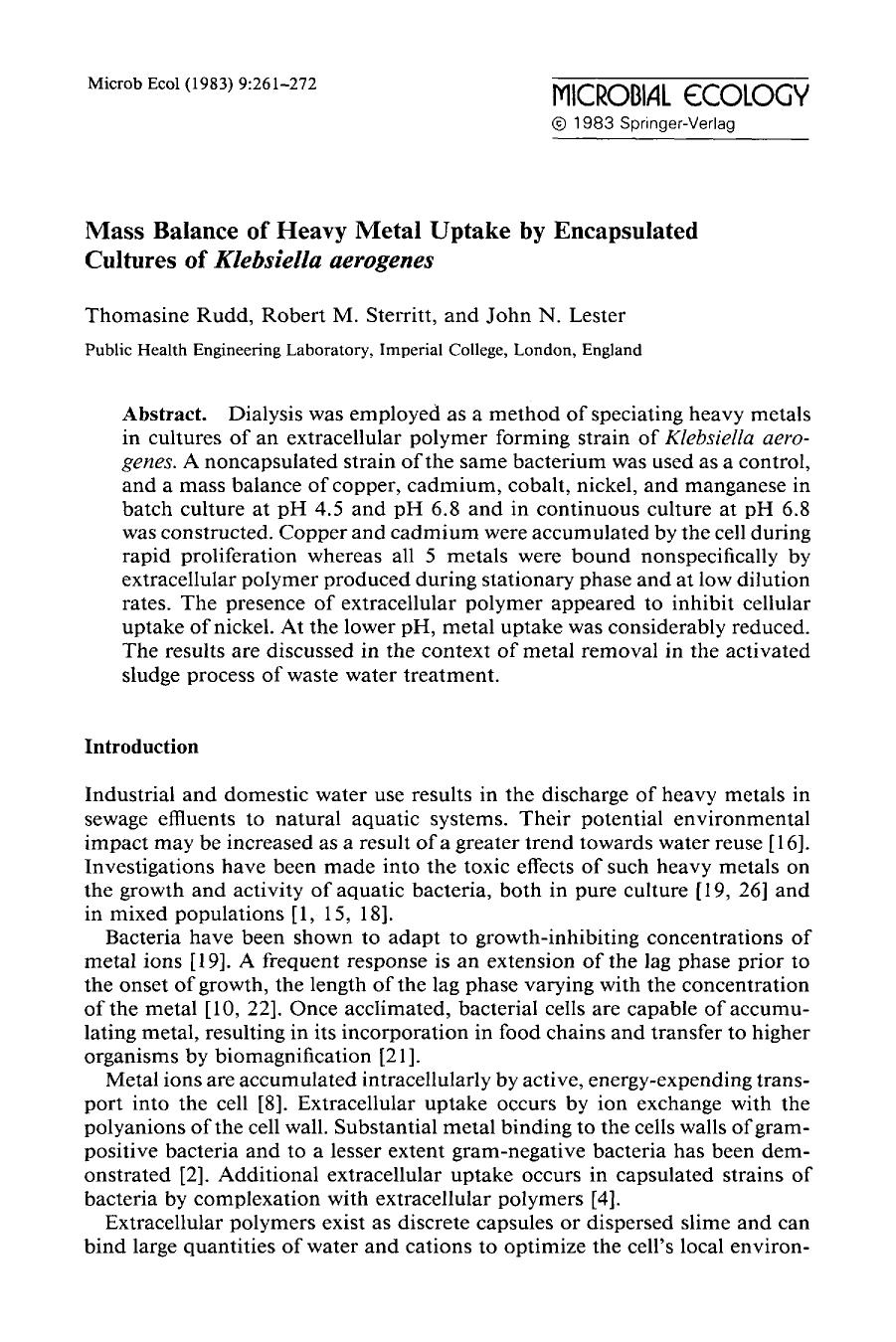 Mass balance of heavy metal uptake by encapsulated cultures of <Emphasis Type="Italic">Klebsiella aerogenes <Emphasis> by Unknown