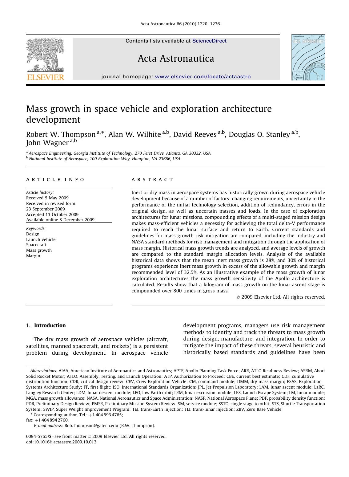 Mass growth in space vehicle and exploration architecture development by Robert W. Thompson; Alan W. Wilhite; David Reeves; Douglas O. Stanley; John Wagner