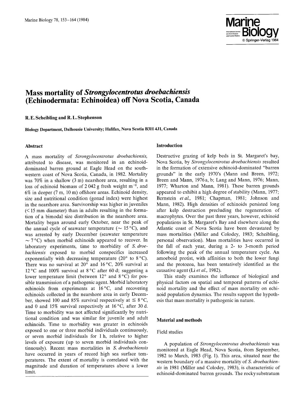 Mass mortality of <Emphasis Type="Italic">Strongylocentrotus droebachiensis<Emphasis> (Echinodermata: Echinoidea) off Nova Scotia, Canada by Unknown
