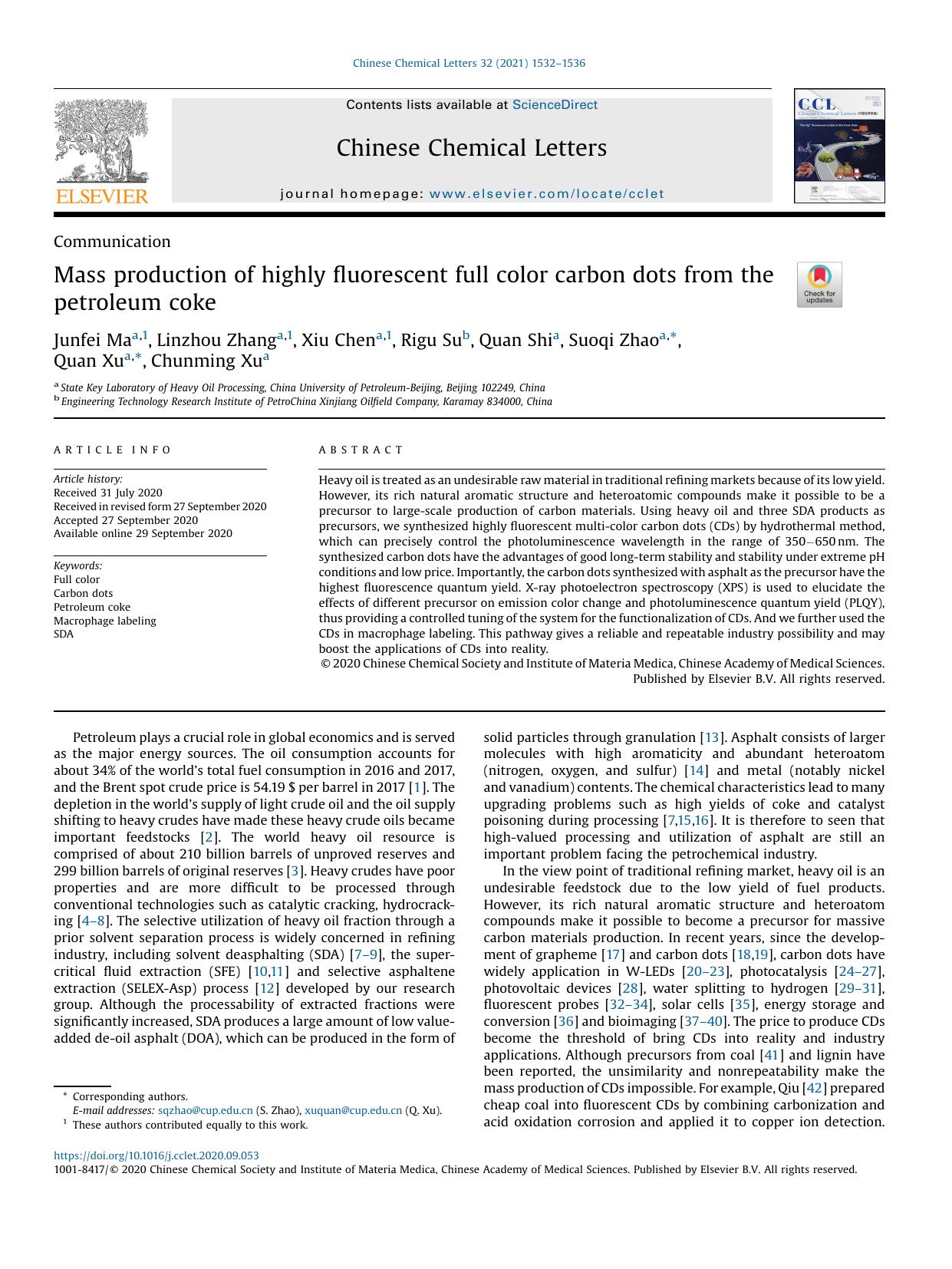 Mass production of highly fluorescent full color carbon dots from the petroleum coke by Junfei Ma & Linzhou Zhang & Xiu Chen & Rigu Su & Quan Shi & Suoqi Zhao & Quan Xu & Chunming Xu