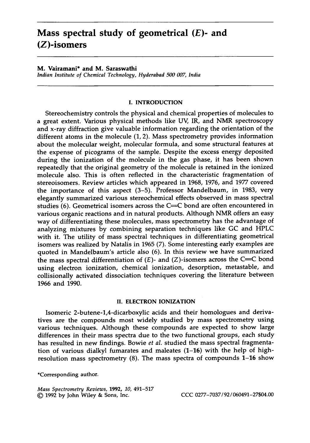 Mass spectral study of geometrical (E)- and (Z)-isomers by Unknown
