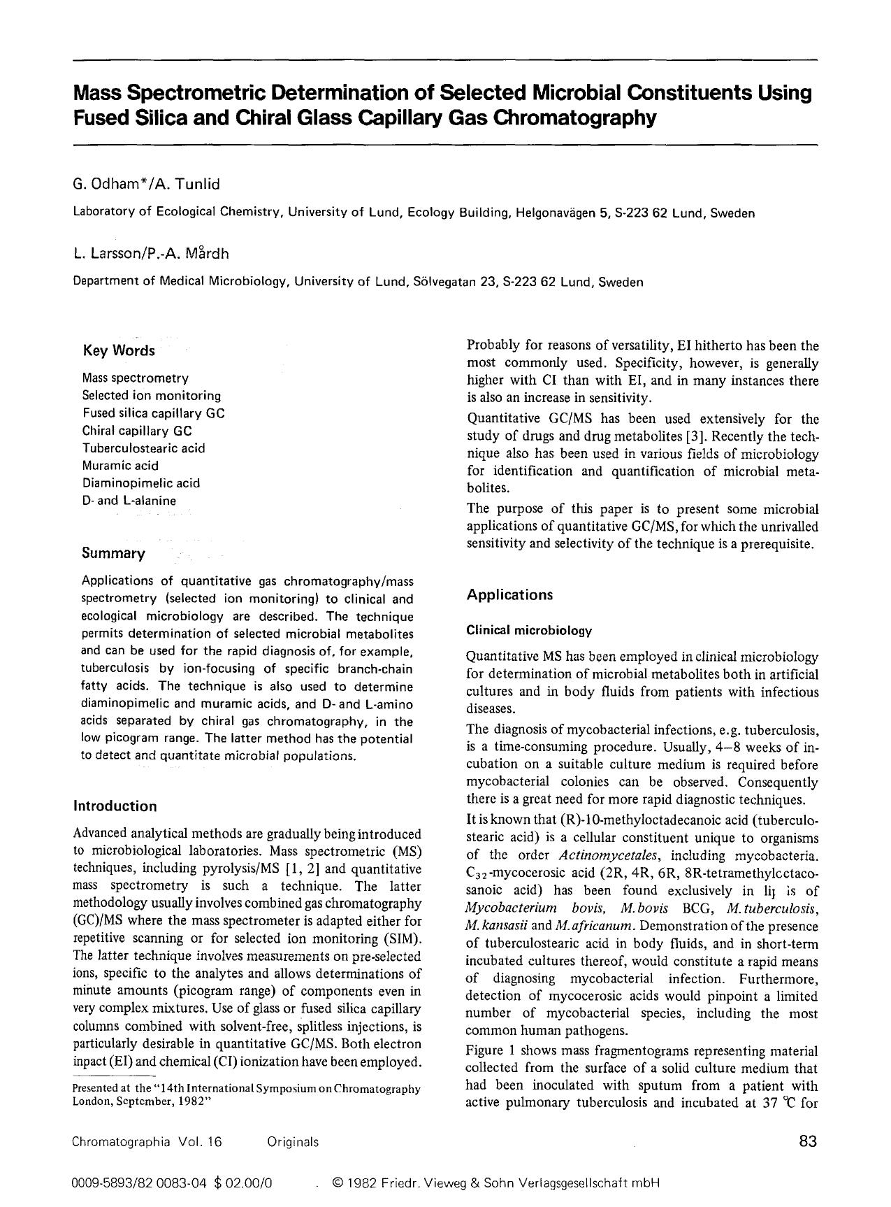 Mass spectrometric determination of selected microbial constituents using fused silica and chiral glass capillary gas chromatography by Unknown