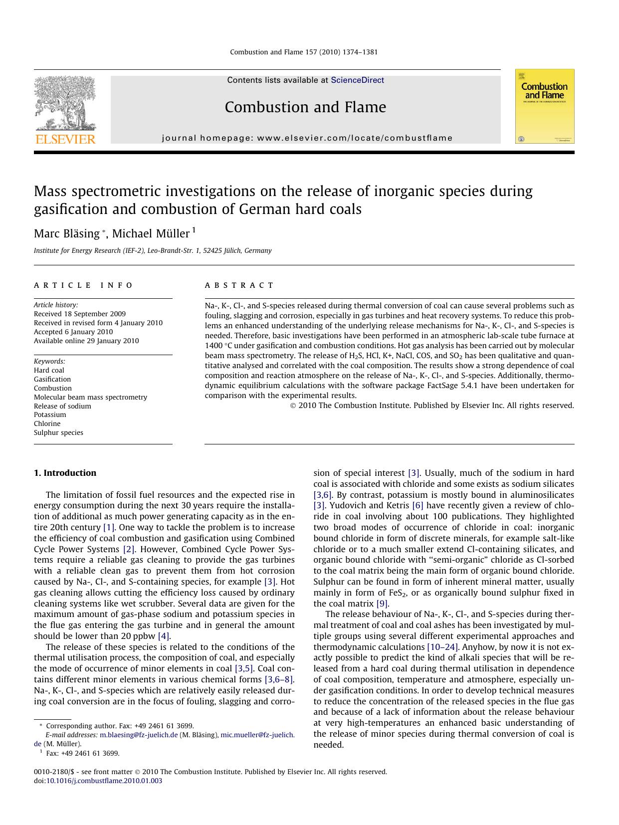 Mass spectrometric investigations on the release of inorganic species during gasification and combustion of German hard coals by Marc Bläsing; Michael Müller