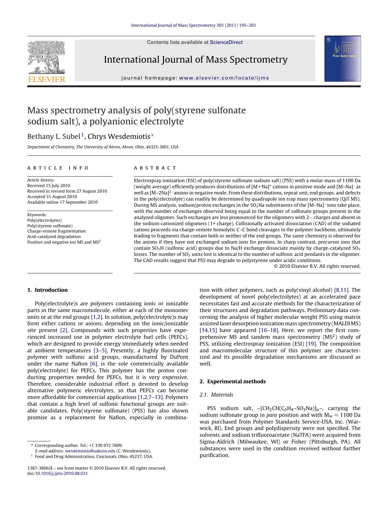 Mass spectrometry analysis of poly(styrene sulfonate sodium salt), a polyanionic electrolyte by Bethany L. Subel