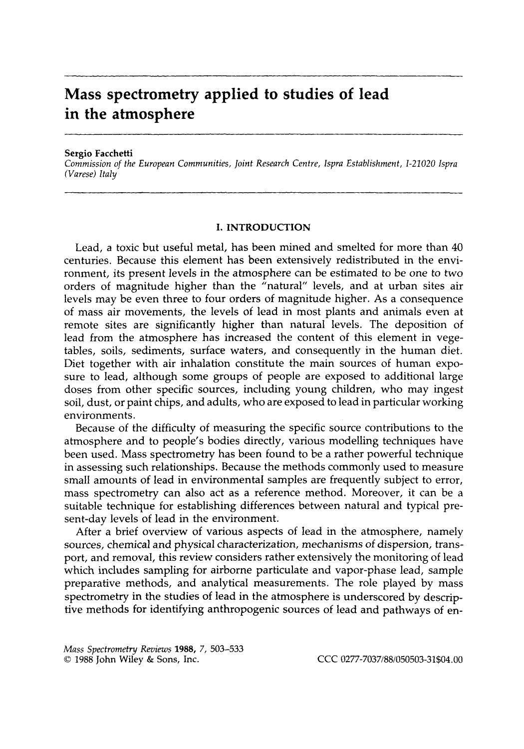 Mass spectrometry applied to studies of lead in the atmosphere by Unknown