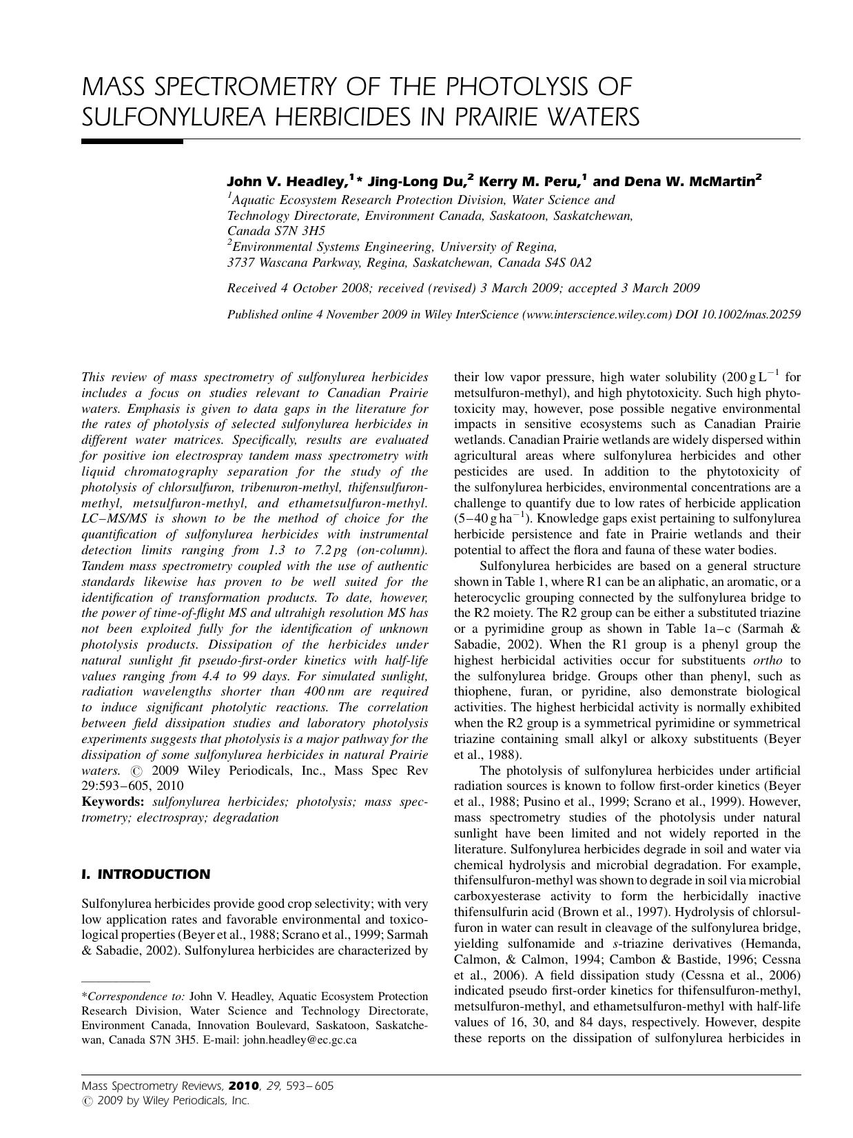 Mass spectrometry of the photolysis of sulfonylurea herbicides in prairie waters by Unknown