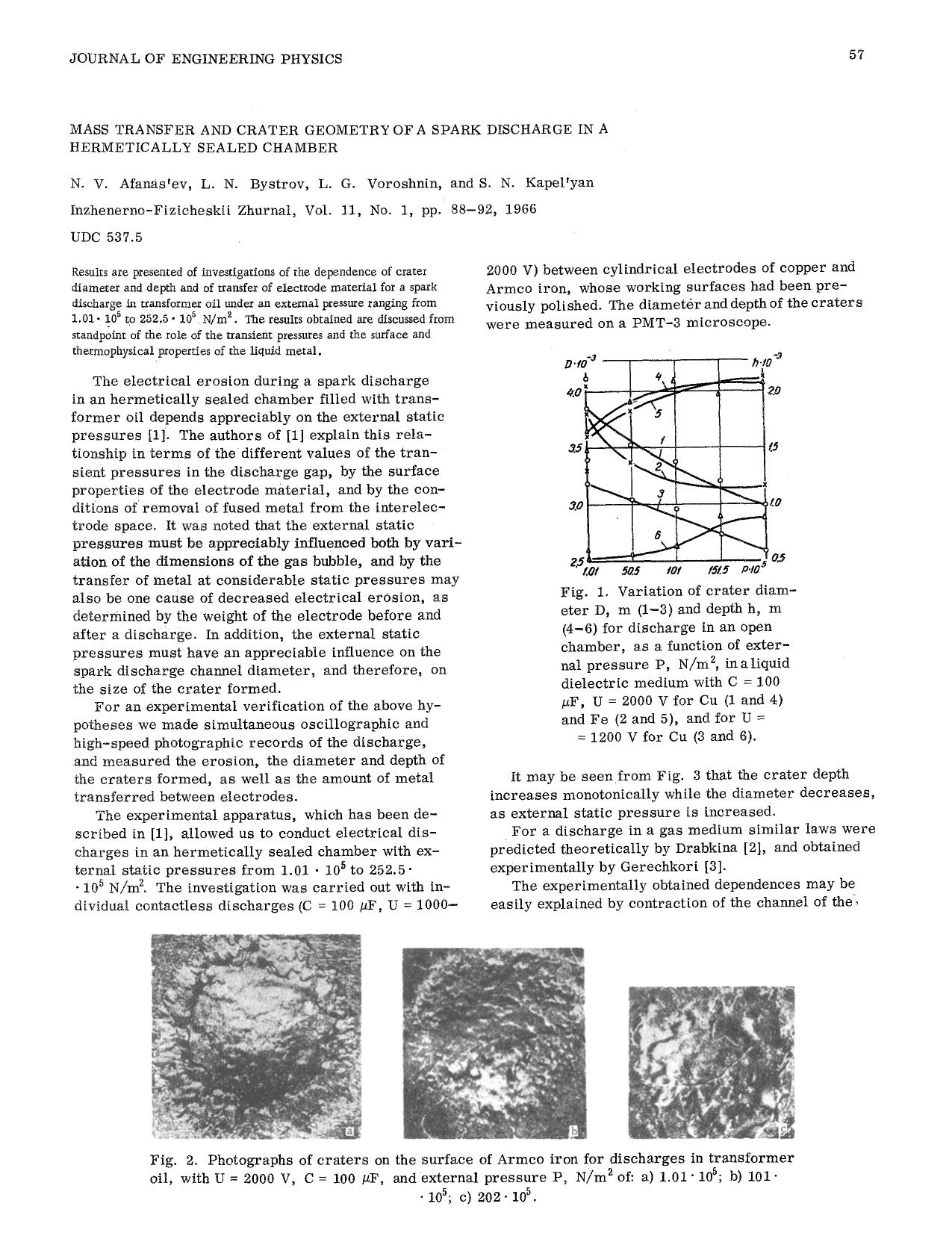 Mass transfer and crater geometry of a spark discharge in a hermetically sealed chamber by Unknown