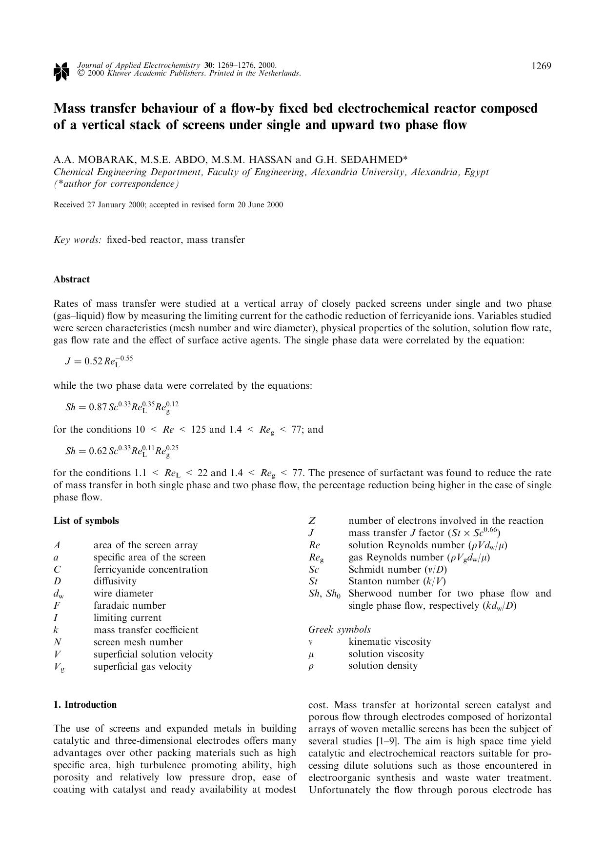 Mass transfer behaviour of a flow-by fixed bed electrochemical reactor composed of a vertical stack of screens under single and upward two phase flow by Unknown