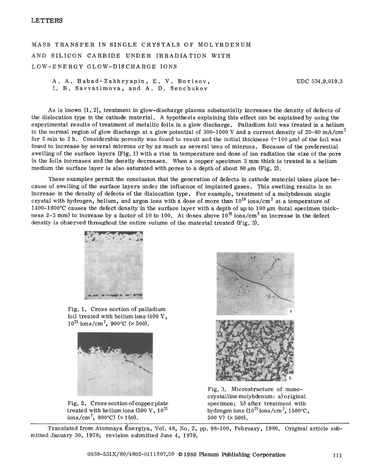 Mass transfer in single crystals of molybdenum and silicon carbide under irradiation with low-energy glow-discharge ions by Unknown