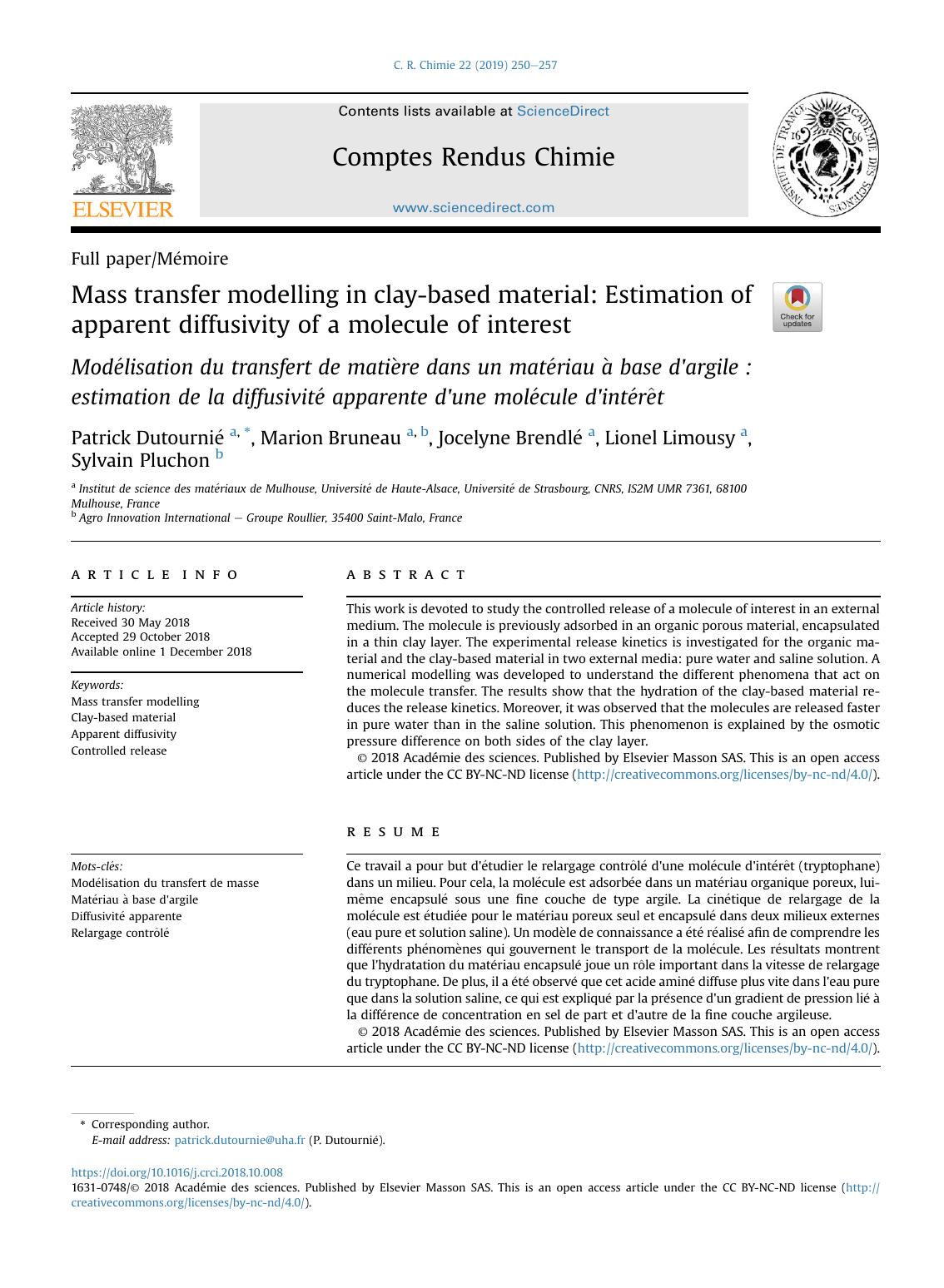 Mass transfer modelling in clay-based material: Estimation of apparent diffusivity of a molecule of interest by Patrick Dutournié & Marion Bruneau & Jocelyne Brendlé & Lionel Limousy & Sylvain Pluchon