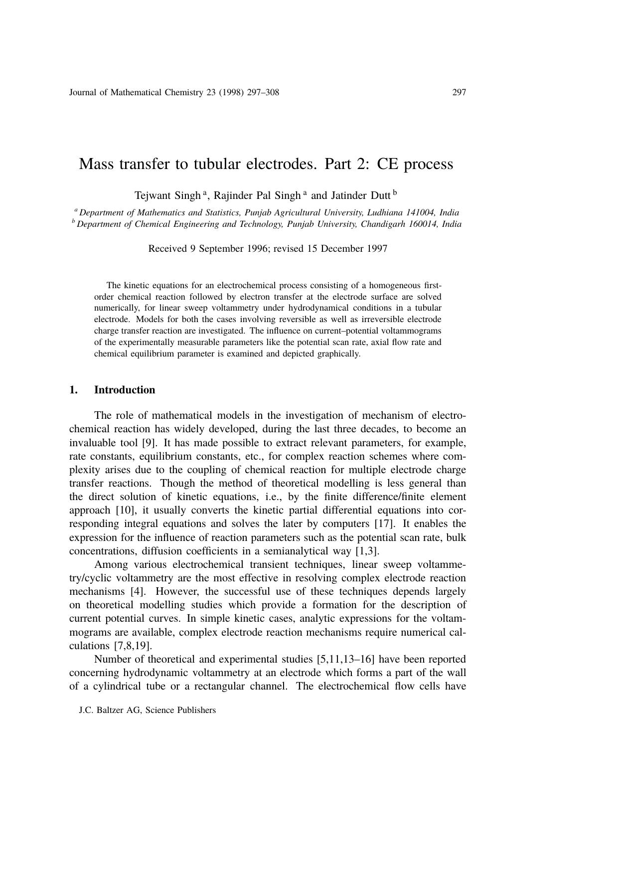 Mass transfer to tubular electrodes. Part 2: CE process by Unknown