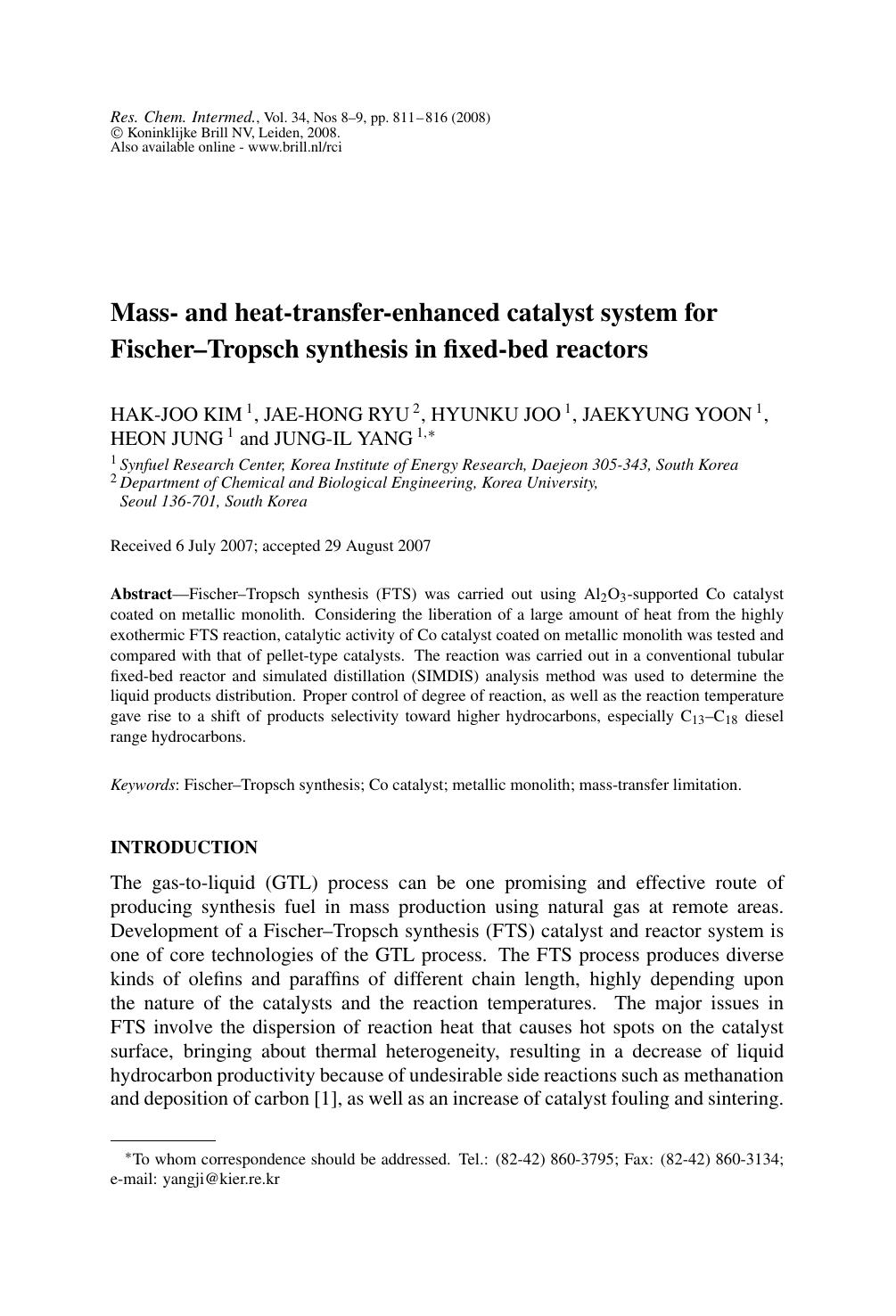 Mass- and heat-transfer-enhanced catalyst system for Fischer-Tropsch synthesis in fixed-bed reactors by Unknown