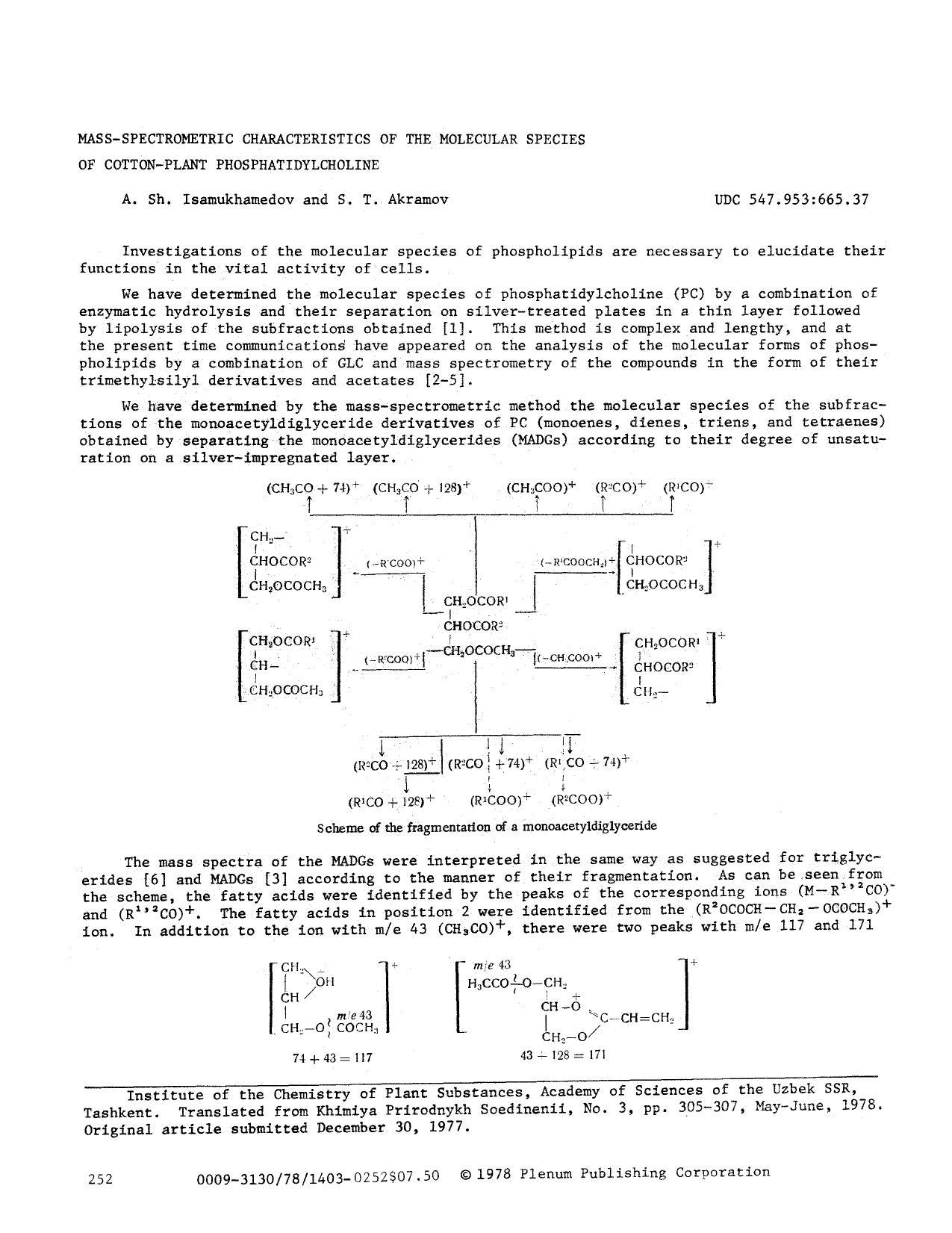 Mass-spectrometric characteristics of the molecular species of cotton-plant phosphatidylcholine by Unknown