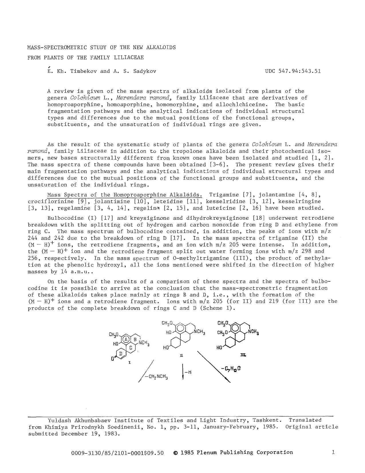 Mass-spectrometric study of the new alkaloids from plants of the family Liliaceae by Unknown