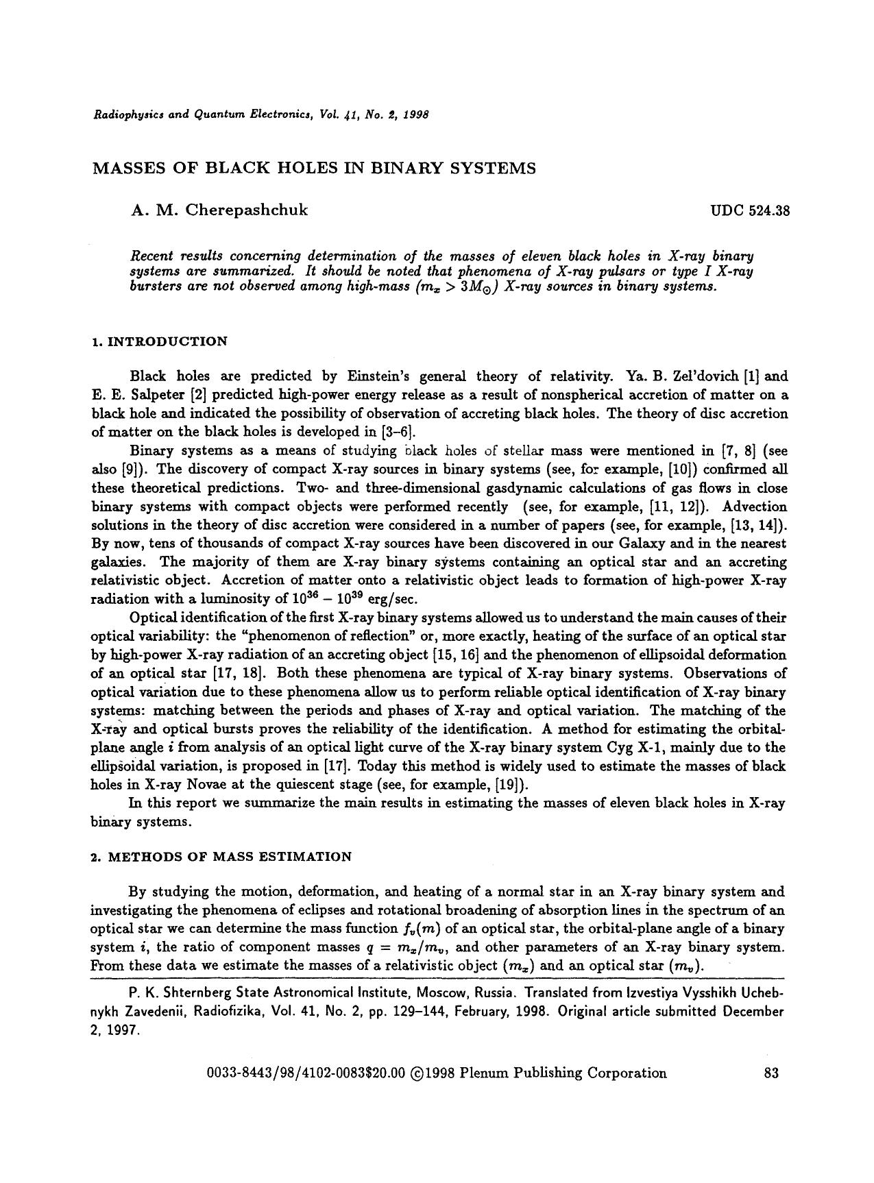 Masses of black holes in binary systems by Unknown