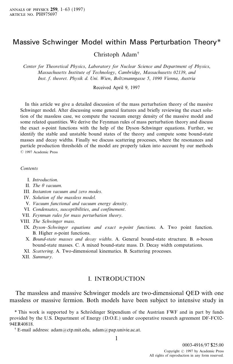 Massive Schwinger Model within Mass Perturbation Theory by Adam C