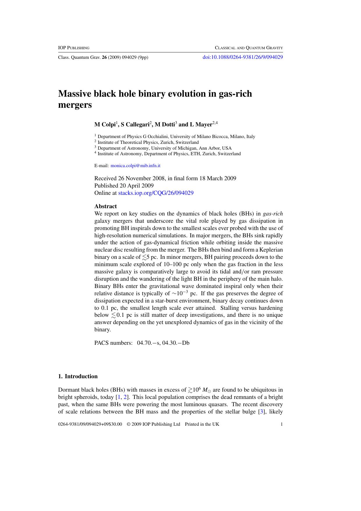 Massive black hole binary evolution in gas-rich mergers by M Colpi et al
