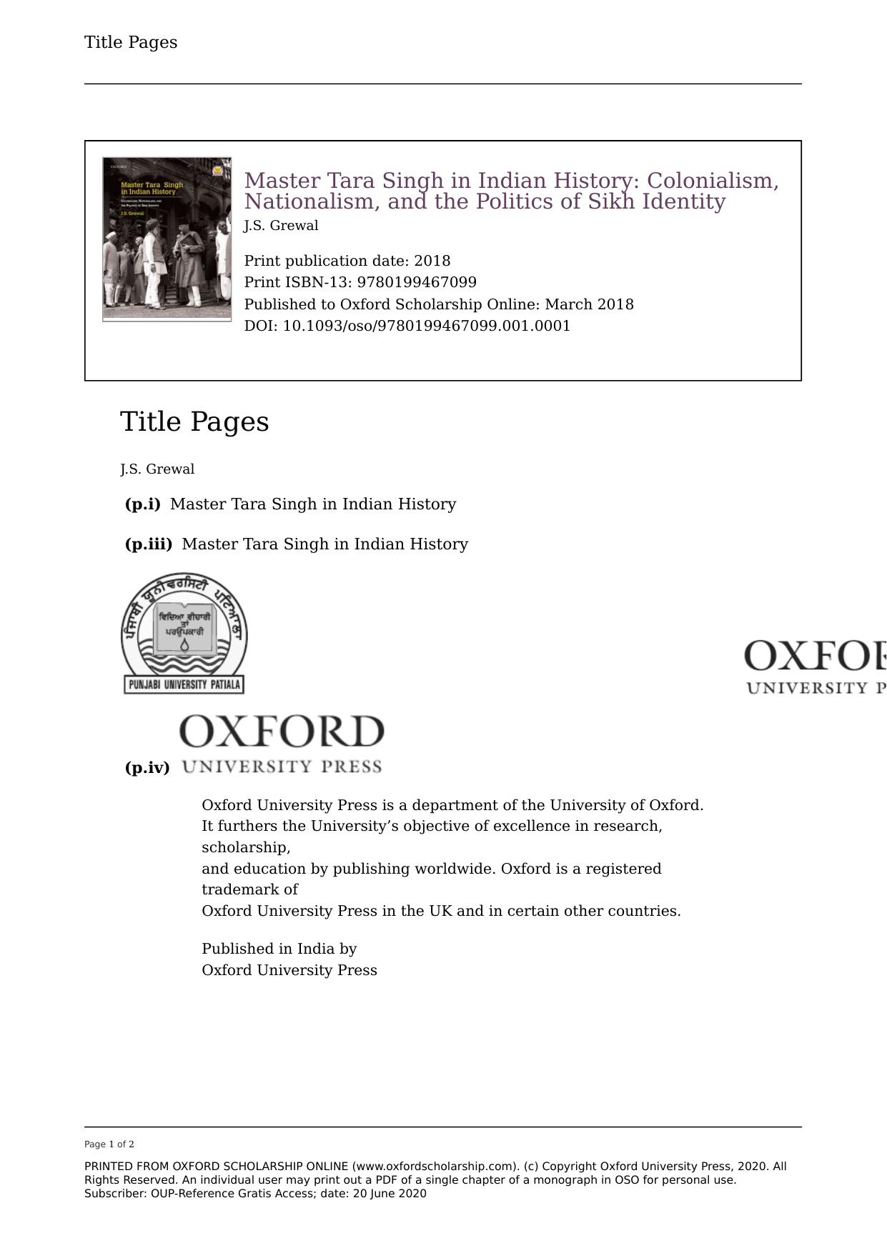 Master Tara Singh in Indian History: Colonialism, Nationalism, and the Politics of Sikh Identity by J.S. Grewal