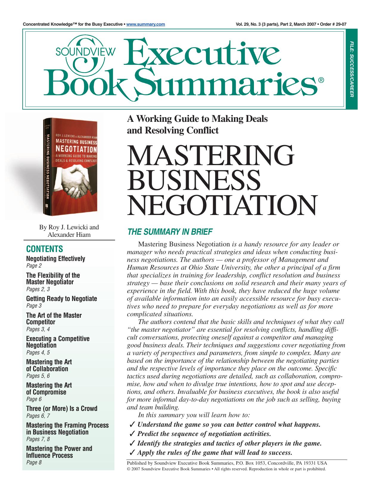 Mastering Business Negotiation by Roy J. Lewicki & Alexander Hiam