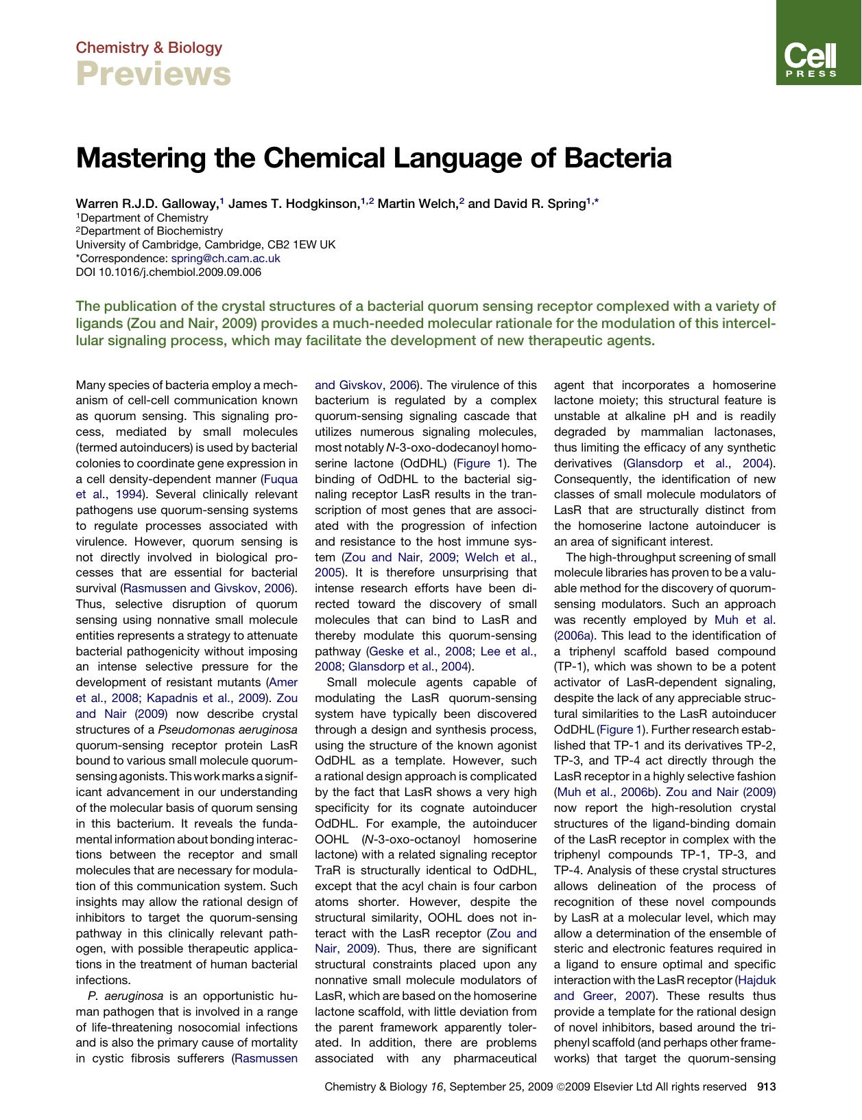 Mastering the Chemical Language of Bacteria by Warren R.J.D. Galloway; James T. Hodgkinson; Martin Welch; David R. Spring