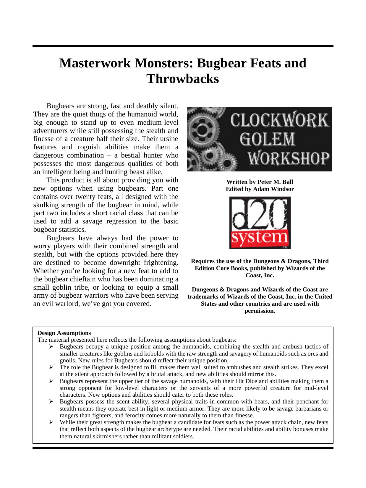 Masterwork Monsters: Bugbear Feats and Throwbacks by Clockwork Golem Workshop
