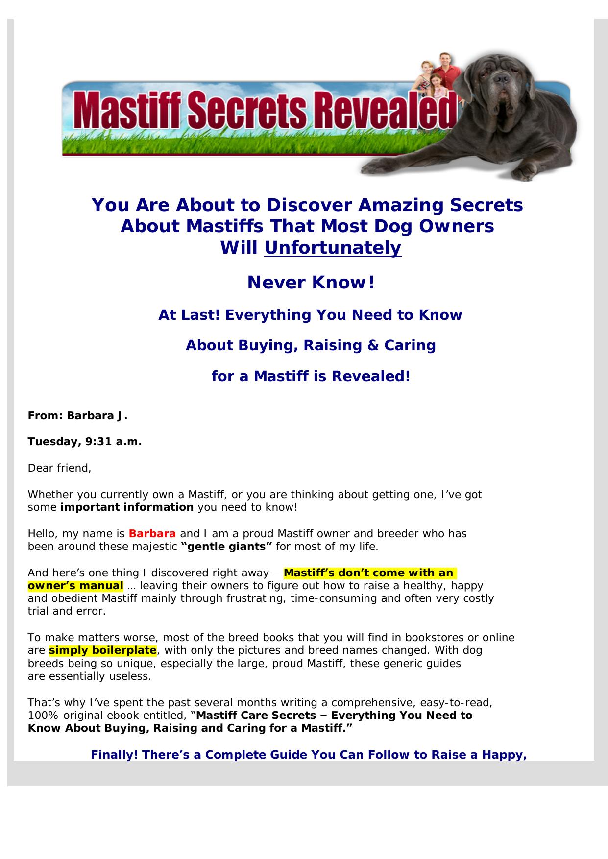 Mastiff Care Secrets. by Best of Kuszter's Collection